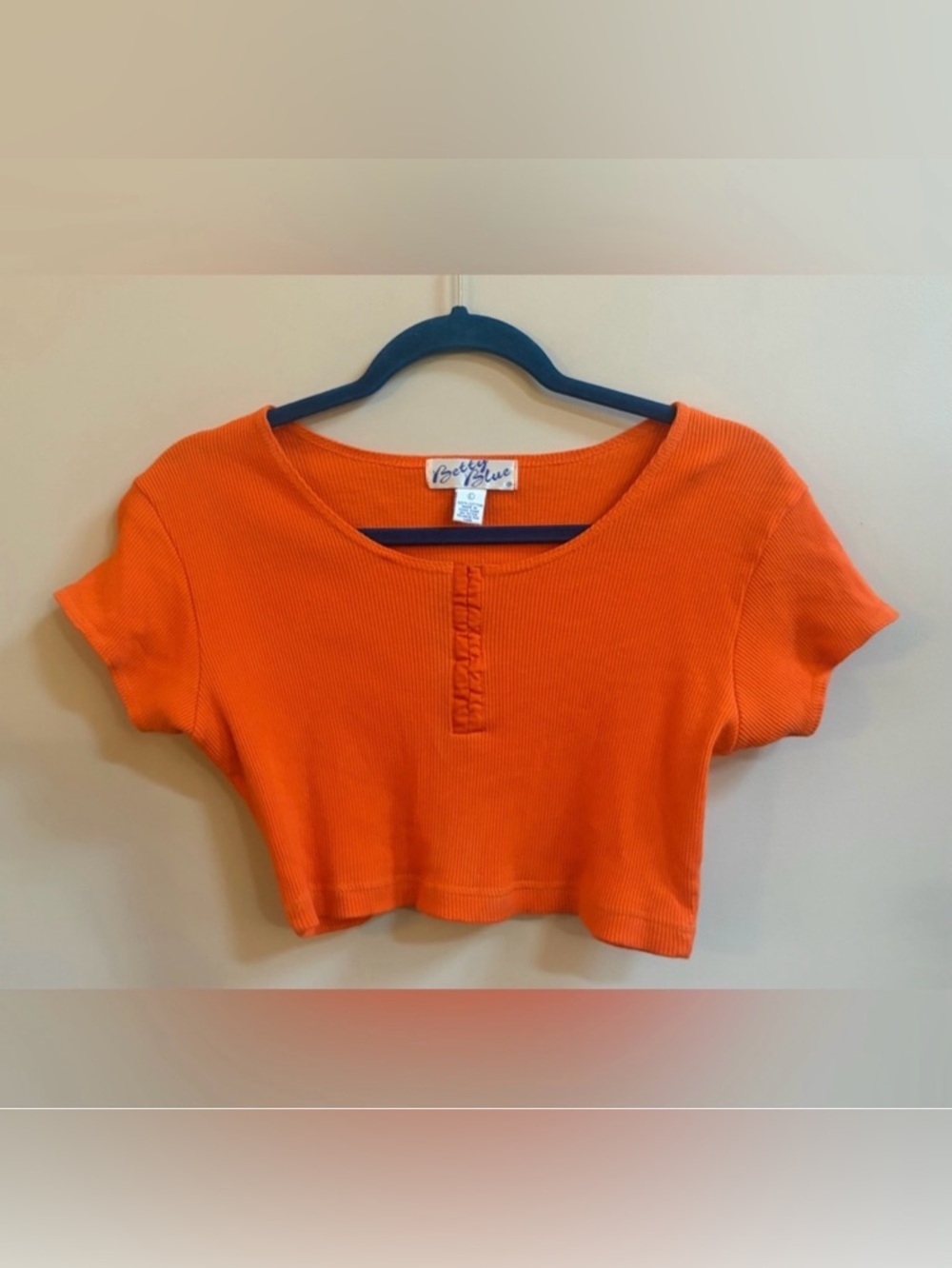 Betty Blue Vintage 100% Cotton Orange Ribbed Crop Top, Cropped Tee Shirt T-Shirt